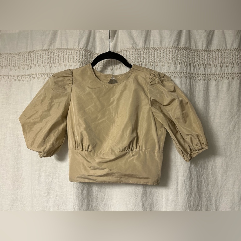 Wilfred Tan Blouse with Puff Sleeves & Open Back